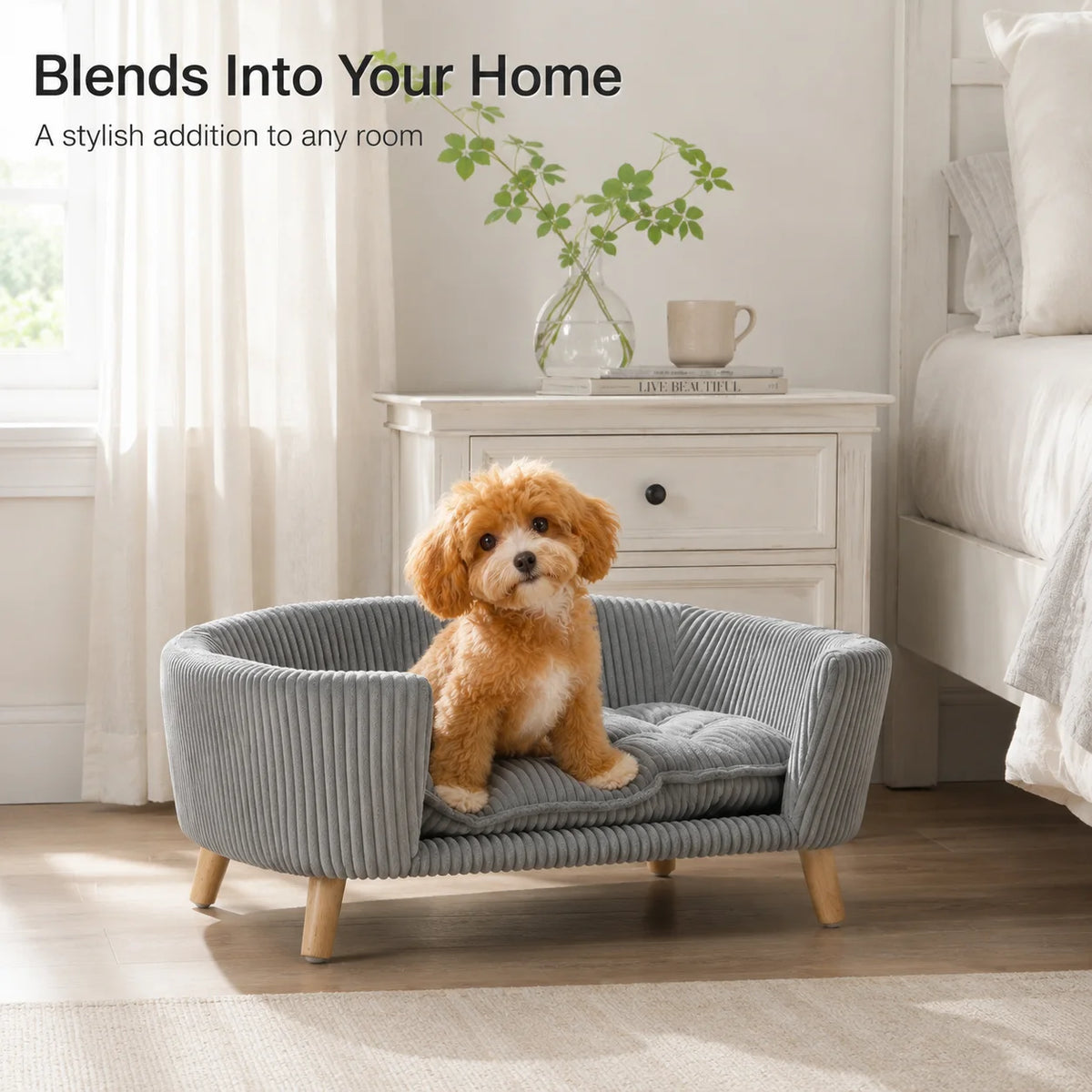 Small Dog Bed Elevated Pet Sofa Corduroy Dog Couch with Cushion Rubber Wood Legs Indoor Bed for Small Dogs Modern Pet Furniture