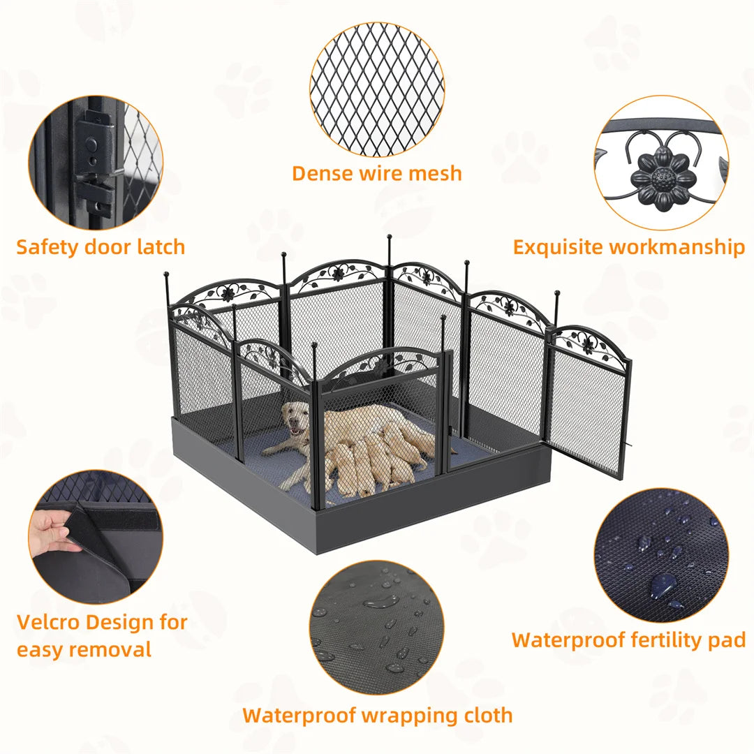 8 Panels Heavy Duty Metal Dog Playpen Whelping Fence,Multifunal Outdoor Indoor Puppy Training Fence with Waterproof Floor Pad