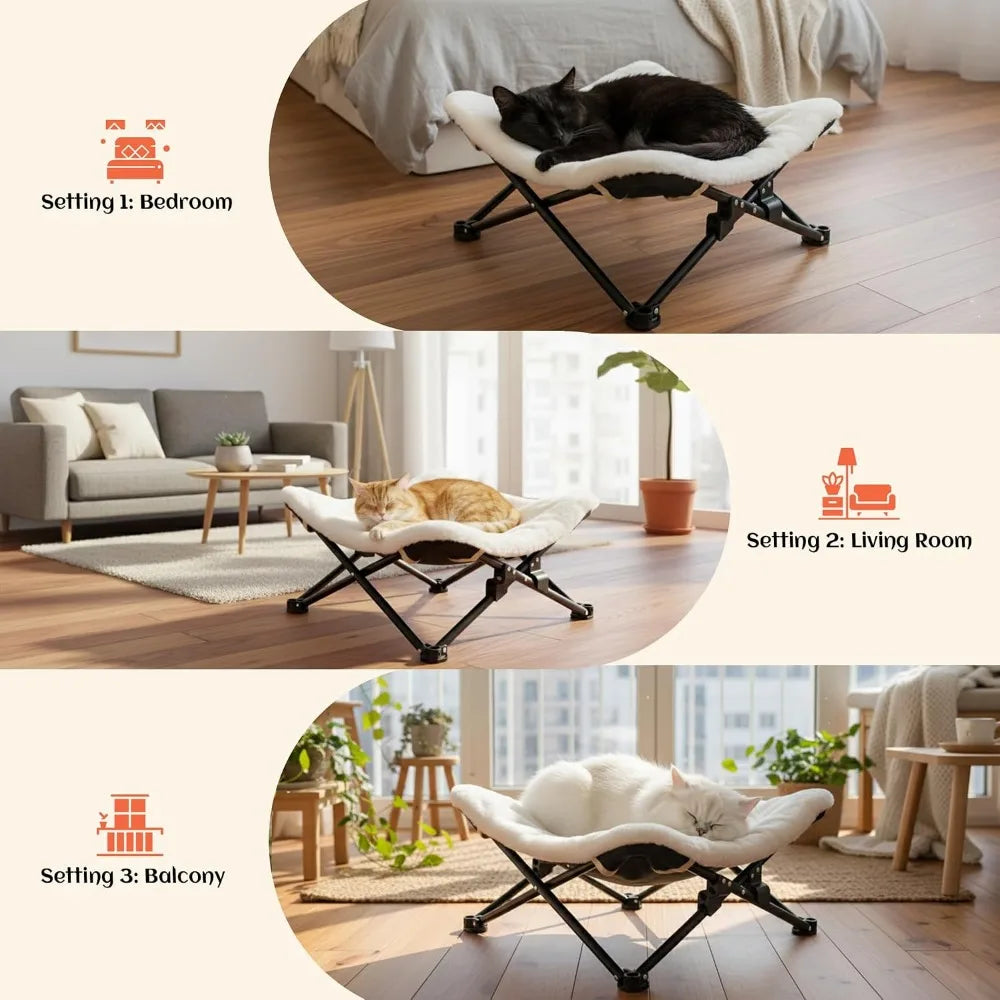 Foldable Cat Hammock Bed, Elevated Fluffy Lounge with Metal Frame, Raised Cat Chair for Indoor Cats