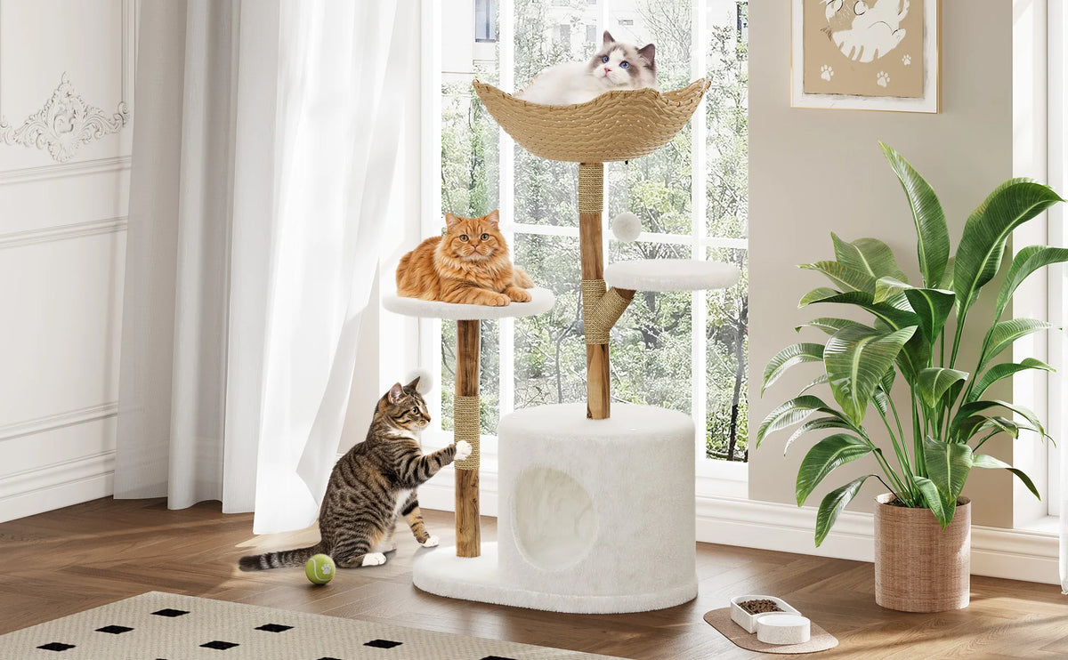 Modern Cat Tree, Multi-Level Cat Tower with Hand-Woven Basket, Plush Cat Condo, Sisal Scratching Posts, Dangling Balls for Indoor Cats