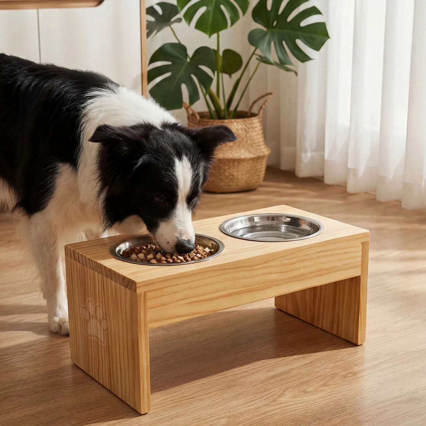 Wooden Elevated Dog Bowls, Raised Pet Feeder with Stainless Steel Double Bowls, Non-Slip Dog Food Water Stand for Medium Large Dogs