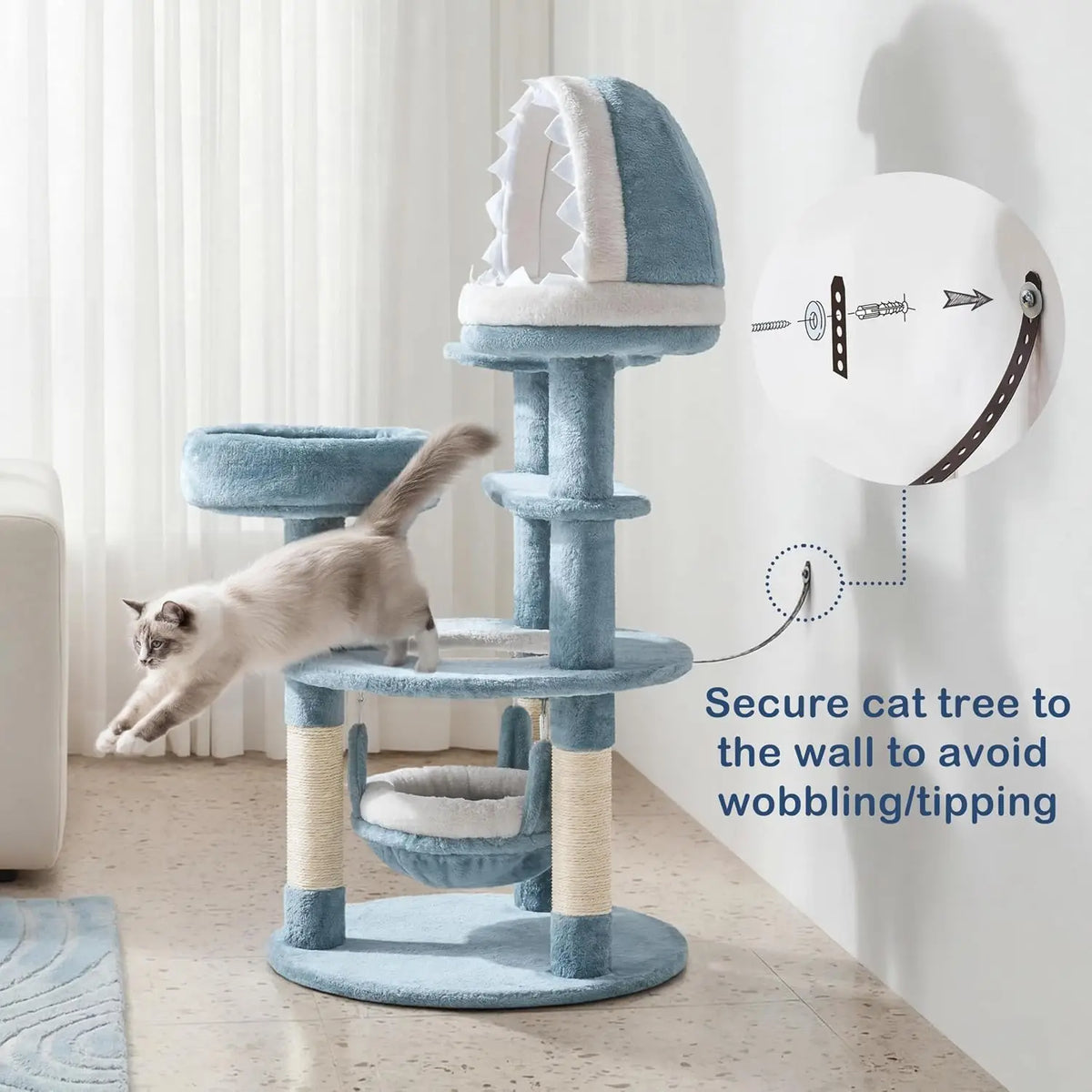Cute Shark Cat Tree for Kittens, Multi-Level Small Blue Tower | Plush-and-sisal shark condo, hammock, and perches give