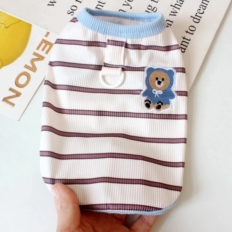 Fashion Striped Dog Vest Spring Dog Clothes Bear Print Puppy Shirt Cute Soft Cat Vest Thin Pet Pullovers Chihuahua Dog Costumes