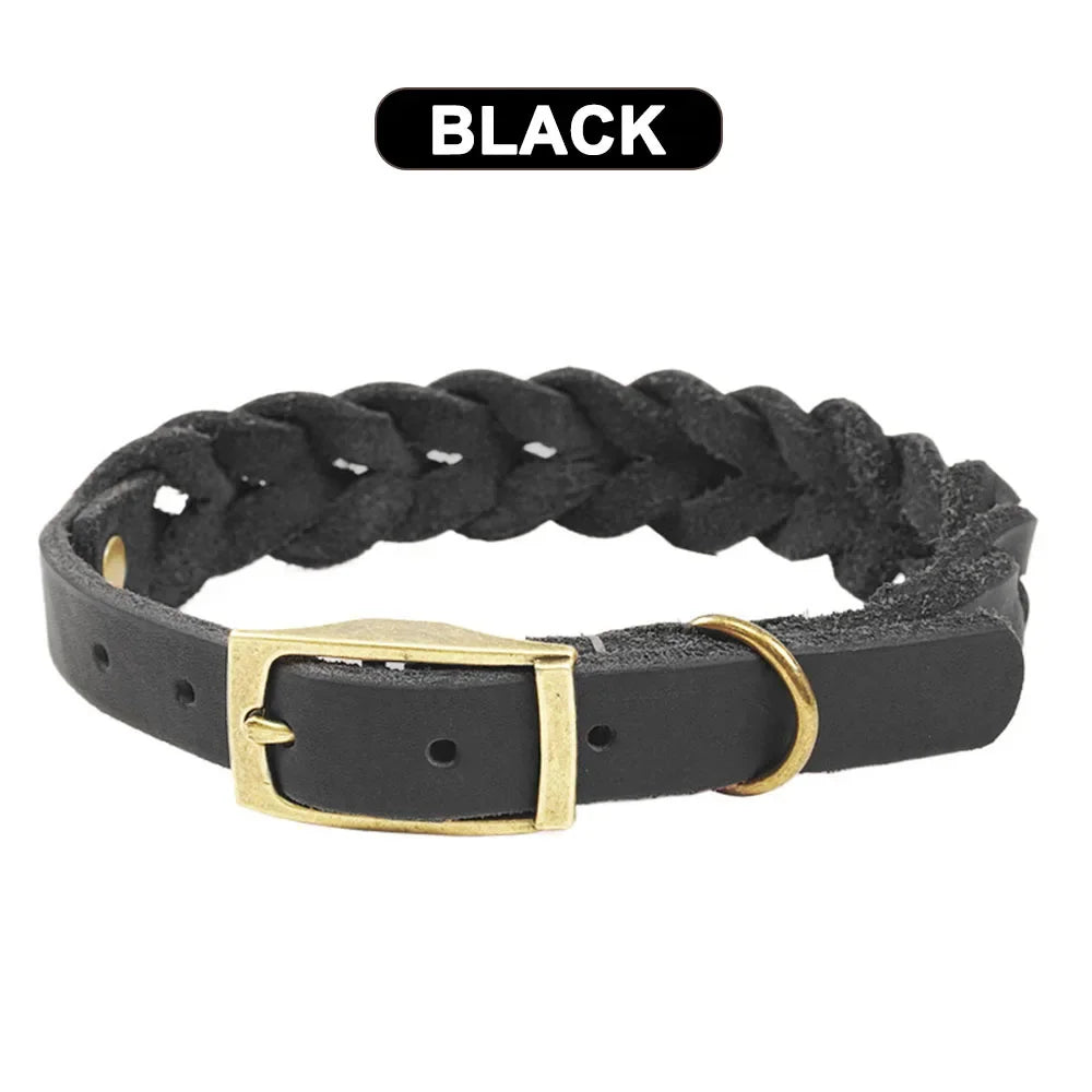 Woven Real Leather Dog Collars Adjustable Puppy Collar Dog Walking Collar Neck Strap with Retro Exquisite Snap Pet Accessories