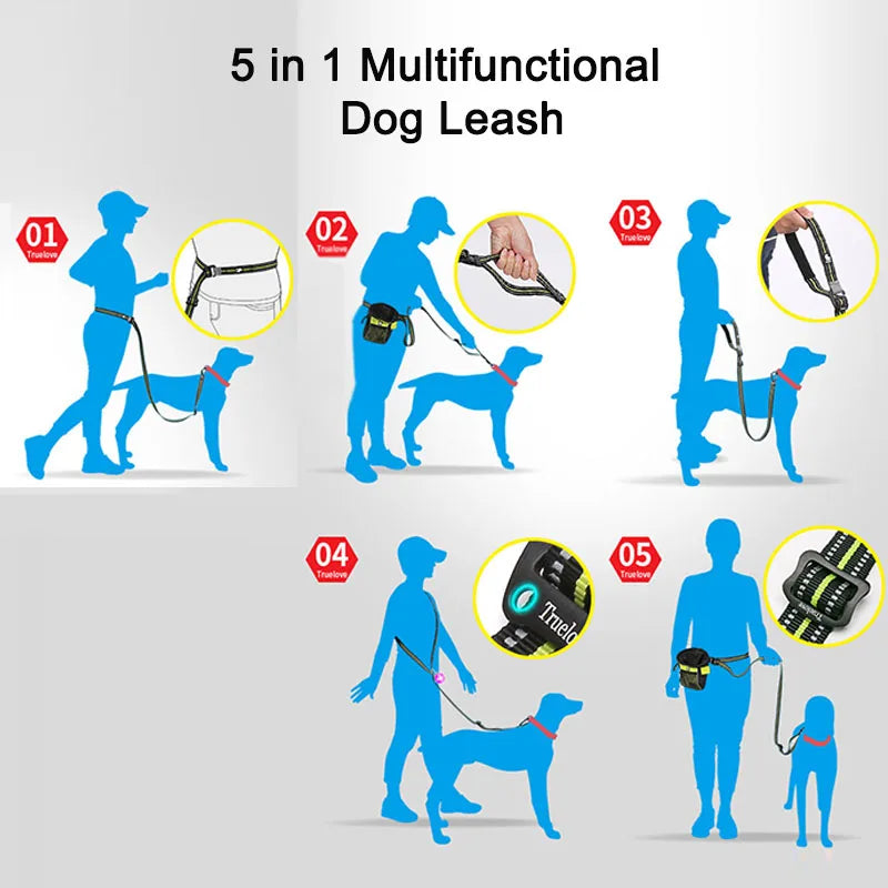 Truelove 5 In 1 Hands Free Dog Leash Running Nylon Durable Reflective Pet Dog Leashes For Large Dogs Adjustable Training Lead