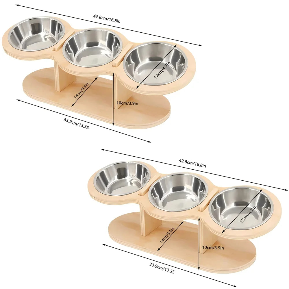 Cat 3 Bowls in 1 Raised Feeder with Silicone Food Mat 15-Degree Tilt Elevated Wood Stand 3 Stainless Steel Bowls Puppy Cat Feeding Watering Supplies