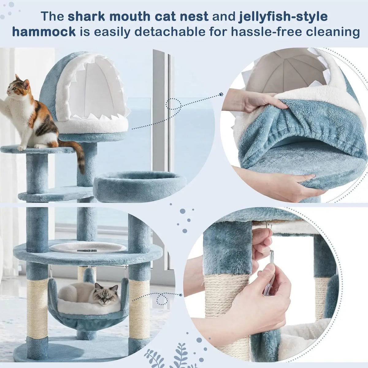 Cute Shark Cat Tree for Kittens, Multi-Level Small Blue Tower | Plush-and-sisal shark condo, hammock, and perches give
