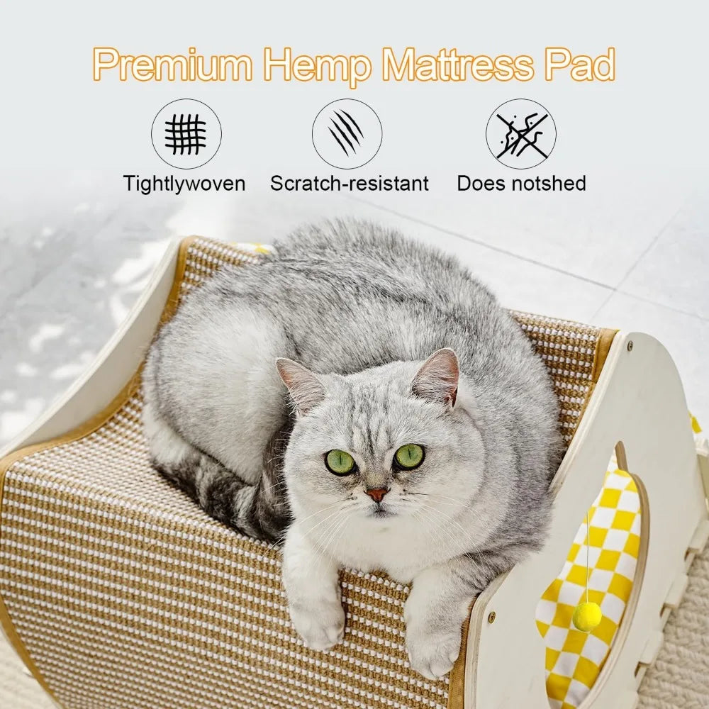 Indoor Cat House with Scratch Pad, Fluffy Ball, Wooden Frame, Cushion and Curtains (M, Double-Layer)
