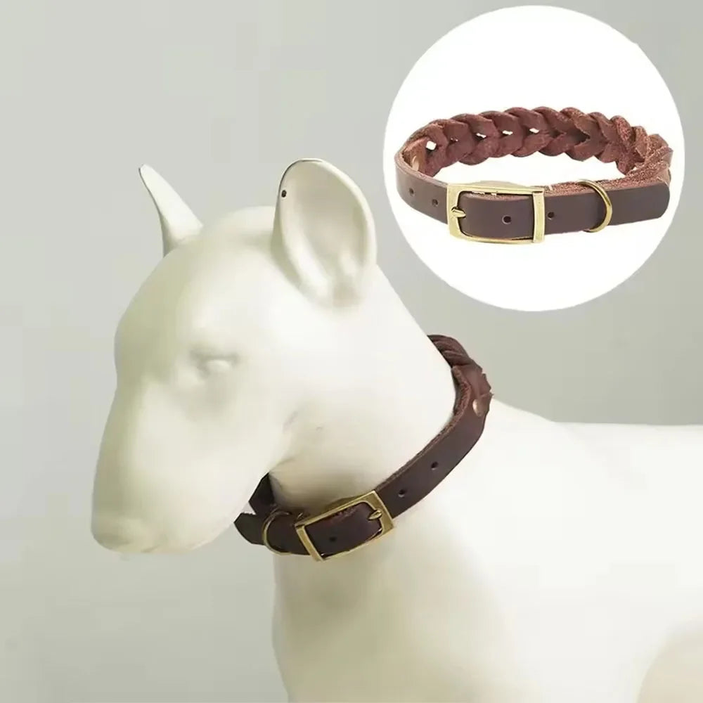 Woven Real Leather Dog Collars Adjustable Puppy Collar Dog Walking Collar Neck Strap with Retro Exquisite Snap Pet Accessories