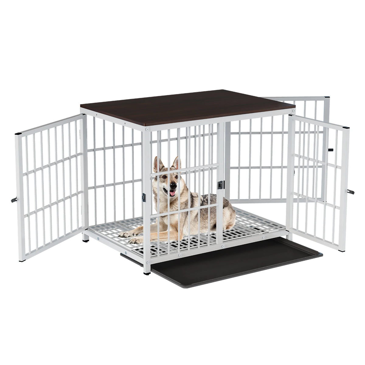 Wooden Dog Crate Furniture with Metal Frame, Large Indoor Dog Kennel End Table, Stylish Pet Cage with 3 Doors and Removable Tray
