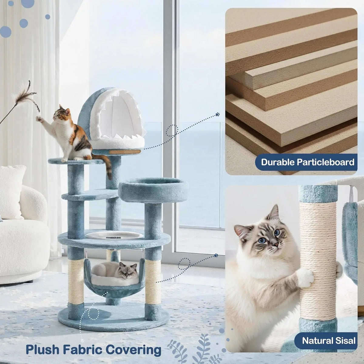 Cute Shark Cat Tree for Kittens, Multi-Level Small Blue Tower | Plush-and-sisal shark condo, hammock, and perches give
