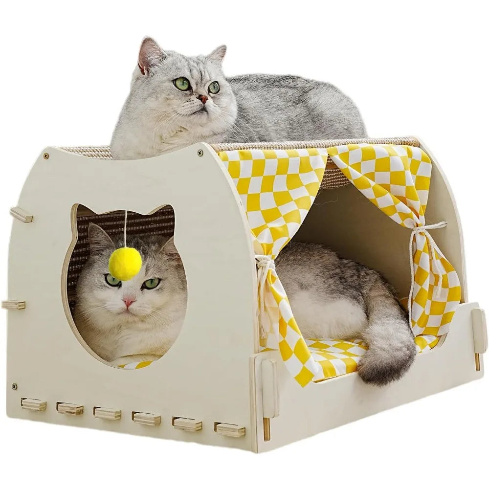 Indoor Cat House with Scratch Pad, Fluffy Ball, Wooden Frame, Cushion and Curtains (M, Double-Layer)