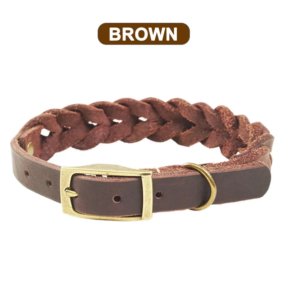 Woven Real Leather Dog Collars Adjustable Puppy Collar Dog Walking Collar Neck Strap with Retro Exquisite Snap Pet Accessories