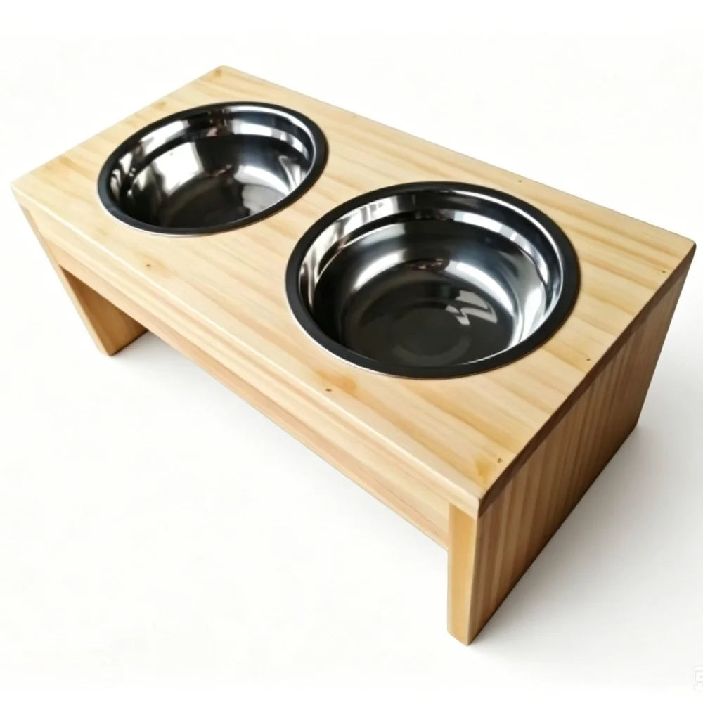 Wooden Elevated Dog Bowls, Raised Pet Feeder with Stainless Steel Double Bowls, Non-Slip Dog Food Water Stand for Medium Large Dogs