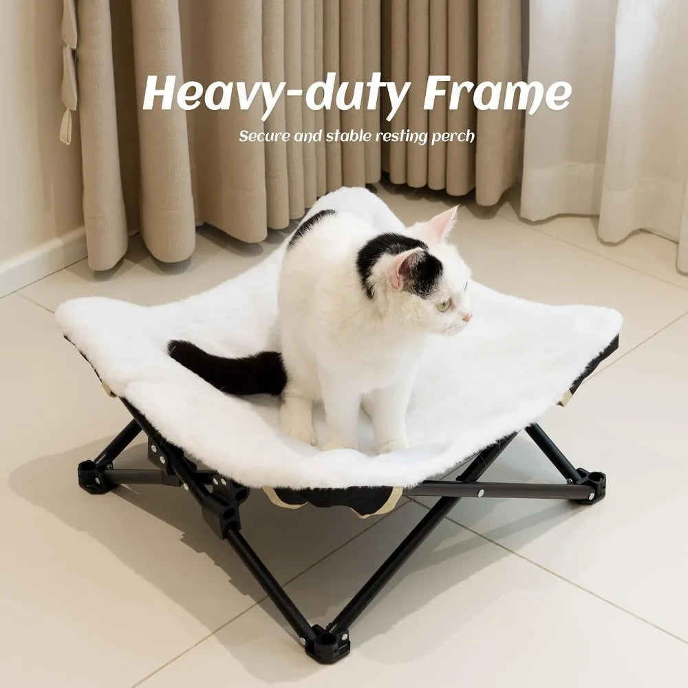 Foldable Cat Hammock Bed, Elevated Fluffy Lounge with Metal Frame, Raised Cat Chair for Indoor Cats