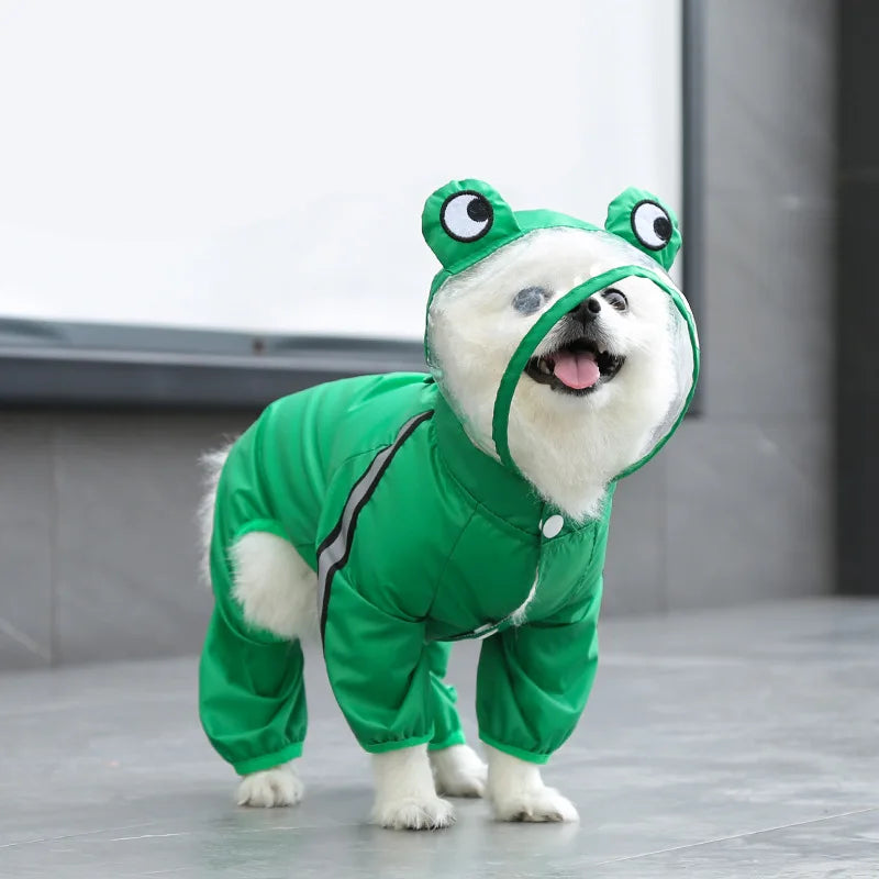 Fun Cartoon Puppy Four-Legged Raincoat Waterproof High Visibility Reflective Hooded Rain Jacket Ventilated Lined Outdoor Rain Suit for Dogs Cats
