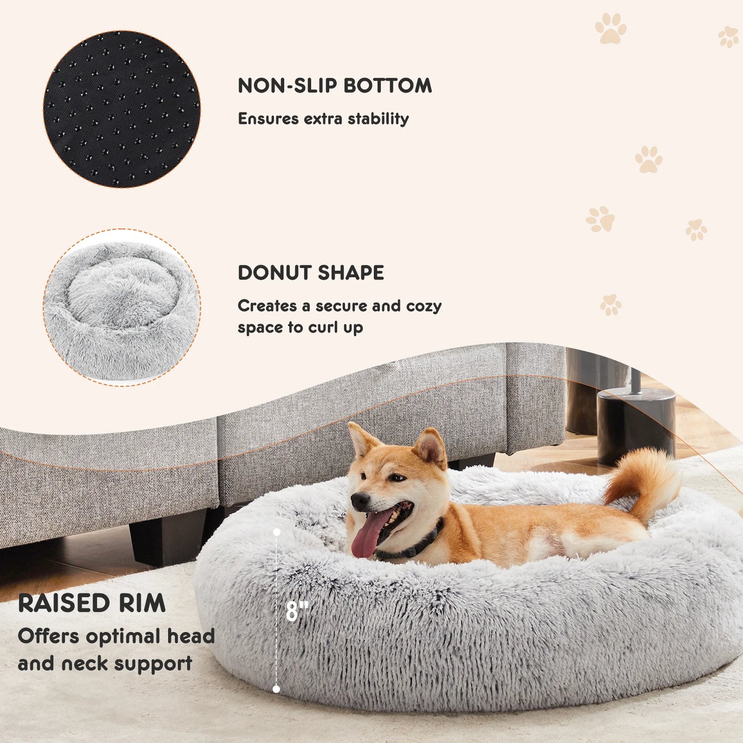 JHK Round Plush Faux Fur Calming Dog Bed for Medium to Large Dogs Washable Large Pet Bed Anti-Slip Fluffy Dog Bed For Home
