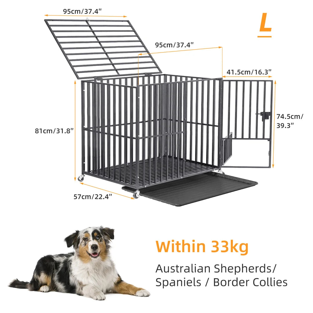 Heavy Duty Dog Cage 34 Inch Metal Pet Dog Crate with 3 Doors Lockable Wheels Playpen Kennel Removable Tray for Dogs