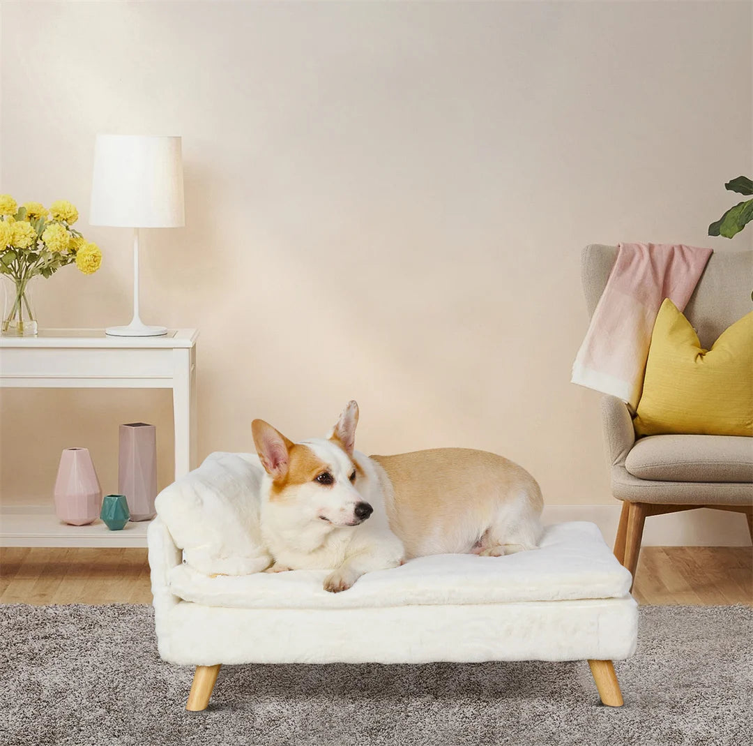 L-Shape Dog Sofa Bed Cat Cushion Stool Warm Nesting Couch with Rubber Wooden Legs Soft Comfortable Pet Furniture