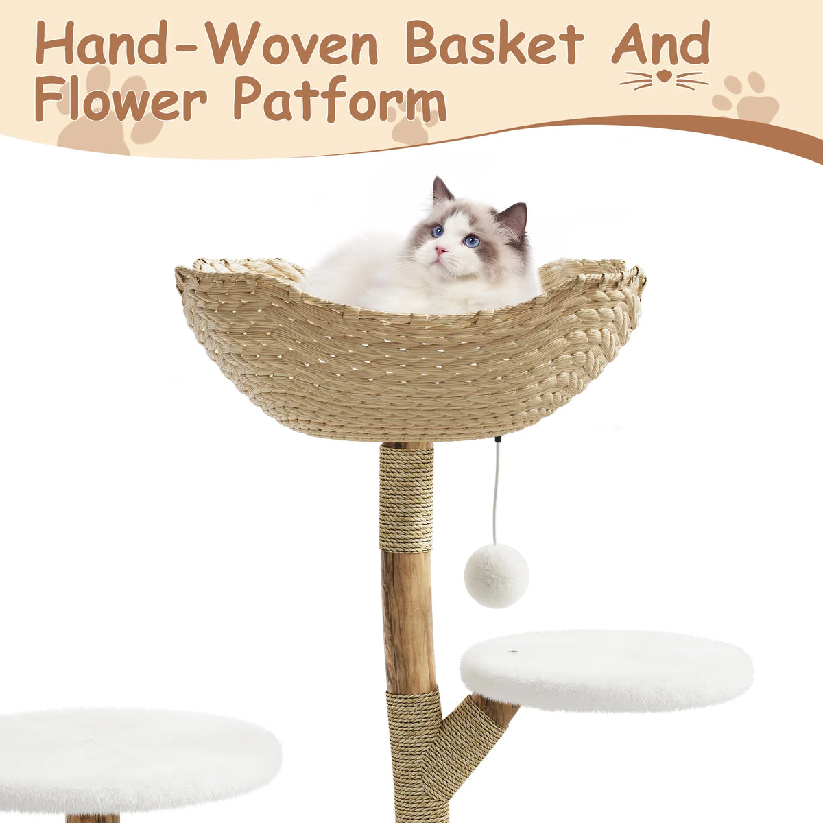 Modern Cat Tree, Multi-Level Cat Tower with Hand-Woven Basket, Plush Cat Condo, Sisal Scratching Posts, Dangling Balls for Indoor Cats
