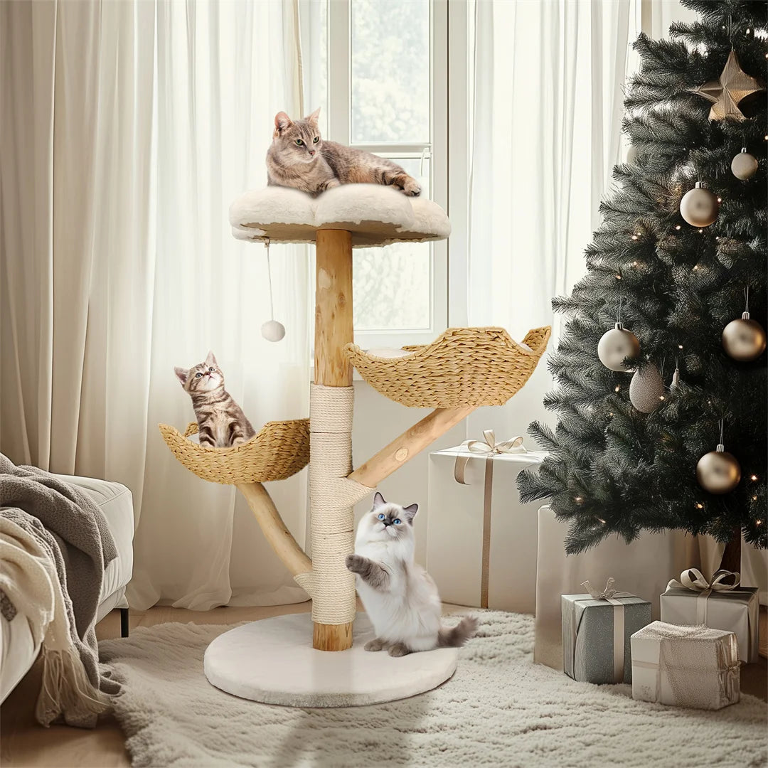 Modern Cat Climbing Tree Activity Tower with Plush Cushion Sisal Scratching Post Cozy Kitten Playhouse for Multiple Cats