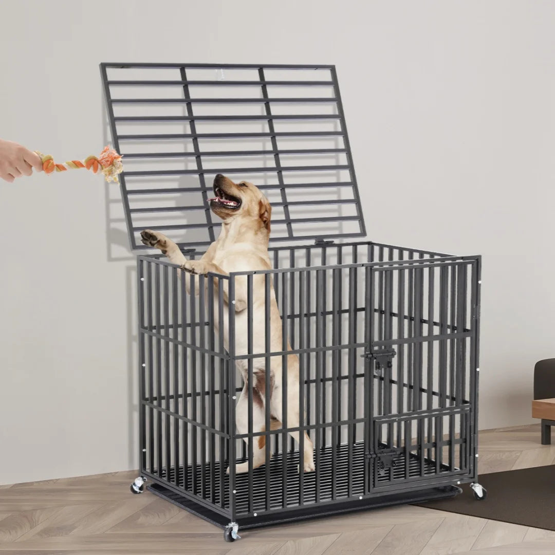 Heavy Duty Dog Cage 34 Inch Metal Pet Dog Crate with 3 Doors Lockable Wheels Playpen Kennel Removable Tray for Dogs