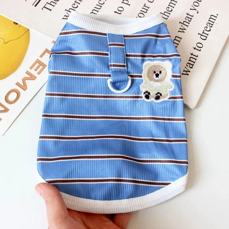 Fashion Striped Dog Vest Spring Dog Clothes Bear Print Puppy Shirt Cute Soft Cat Vest Thin Pet Pullovers Chihuahua Dog Costumes