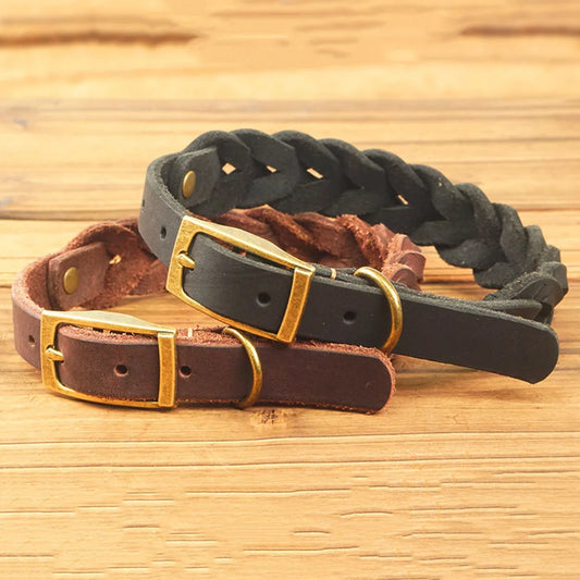 Woven Real Leather Dog Collars Adjustable Puppy Collar Dog Walking Collar Neck Strap with Retro Exquisite Snap Pet Accessories