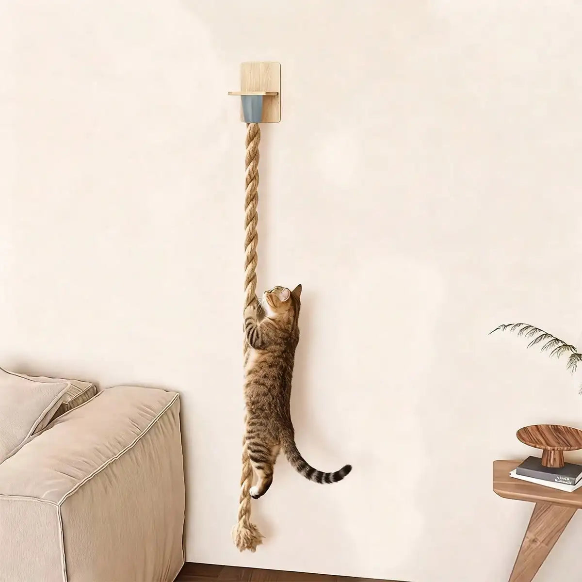 Complete Cat Climbing Rope Scratching Post Tree, With Climbing Rope, Large Ladder, And Resting Platform - Promotes Healthy Habits And Provides Endless Fun (Light Brown)