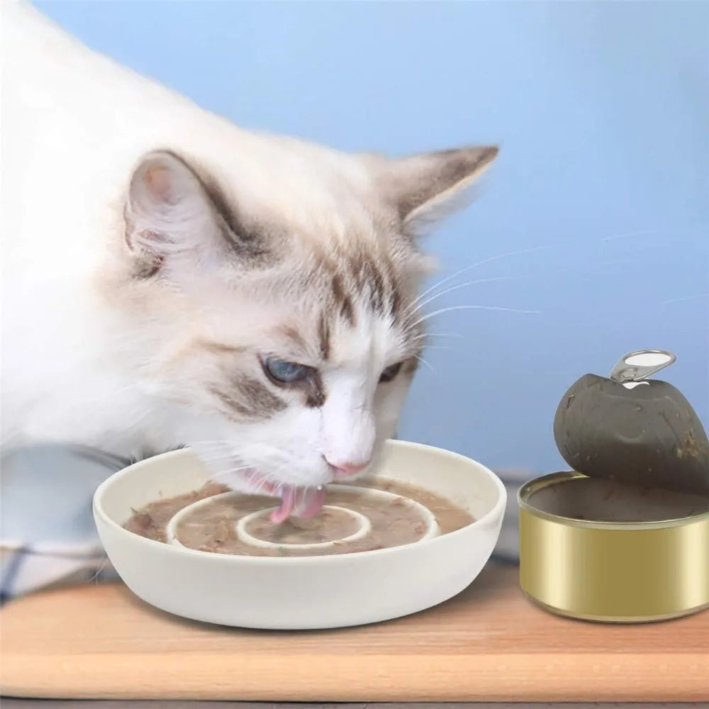 Ceramic Cat Slow Feeder Bowl Heavy Base Non-Slip Shallow Dish for Wet Food and Gravy Whisker Friendly Stress Free Mealtime Solution Anti Vomiting for Kittens Small Dogs and Pets Easy Clean Durable White Pet Food Dish