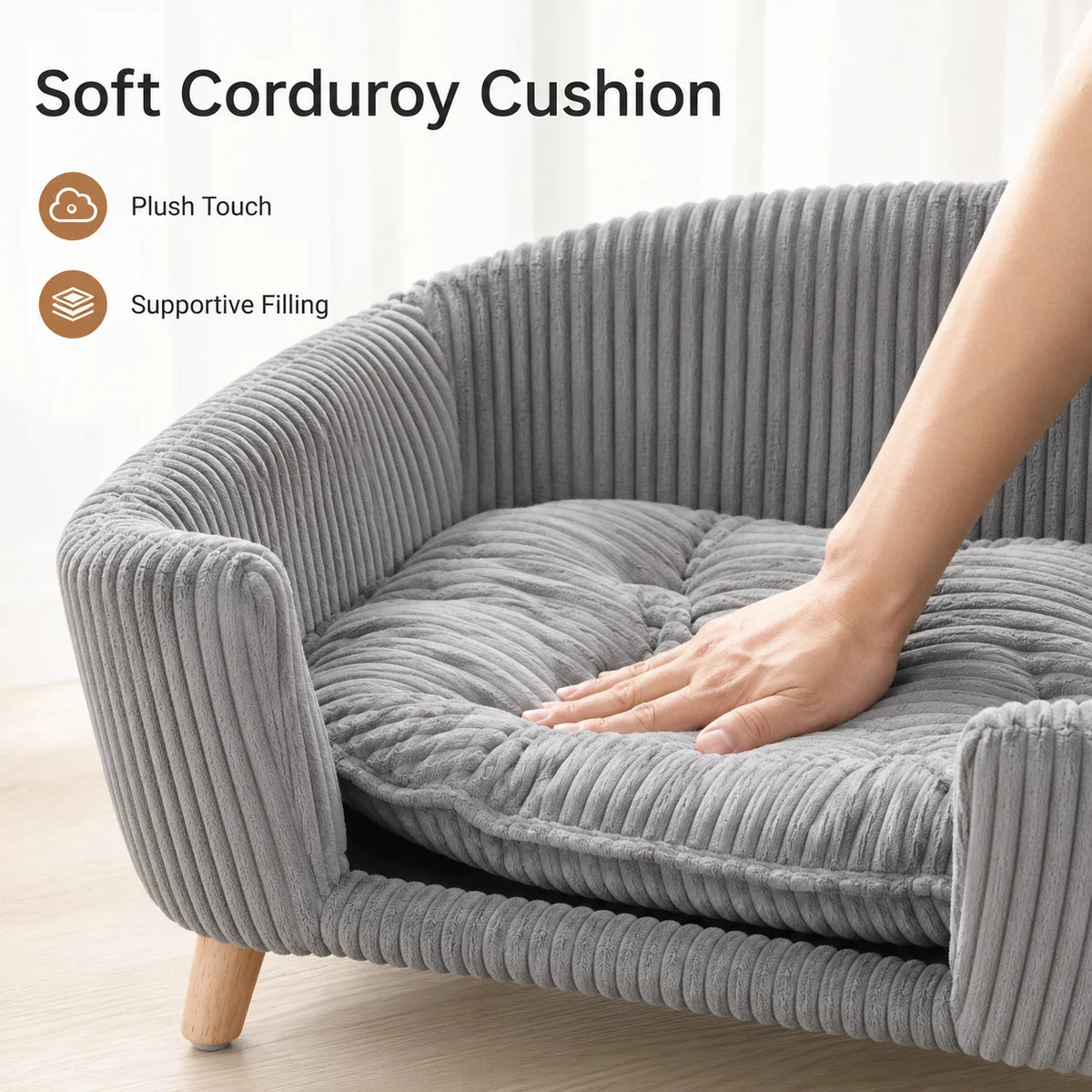 Small Dog Bed Elevated Pet Sofa Corduroy Dog Couch with Cushion Rubber Wood Legs Indoor Bed for Small Dogs Modern Pet Furniture