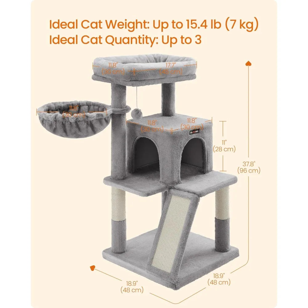 Multi Level Cat Tree Tower with Widened Perch Scratching Posts Ramp Cave Hammock