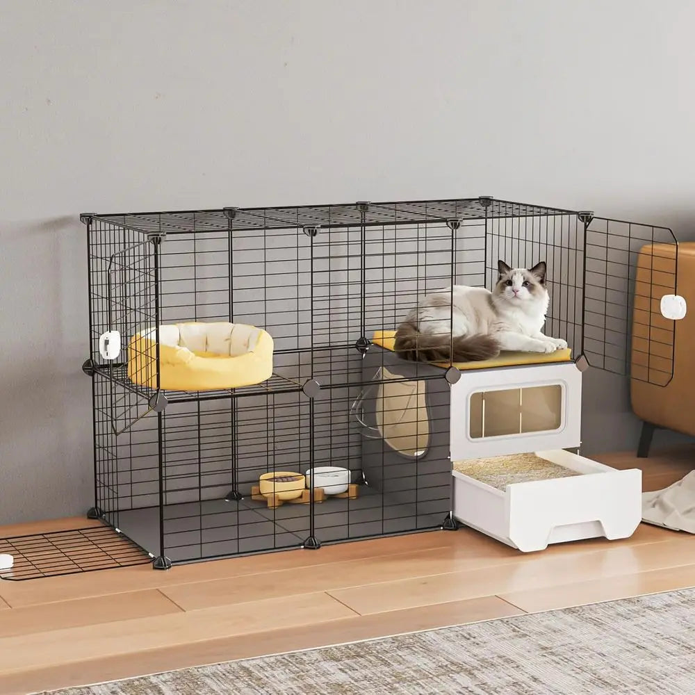 Cat Cage Indoor with Litter Box 2-Tier DIY Cat Playpen Detachable Metal Wire Kennel Crate Large Exercise Place Ideal or 1-2 Kitt