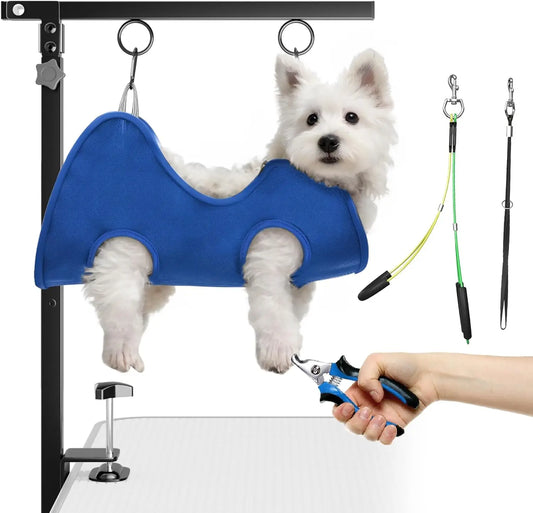 Pet Dog Grooming Hammock with Table Clamp Grooming Arm, Adjustable Height Pet Grooming Sling for Small Medium Dogs 5‑22lbs Nail Trimming