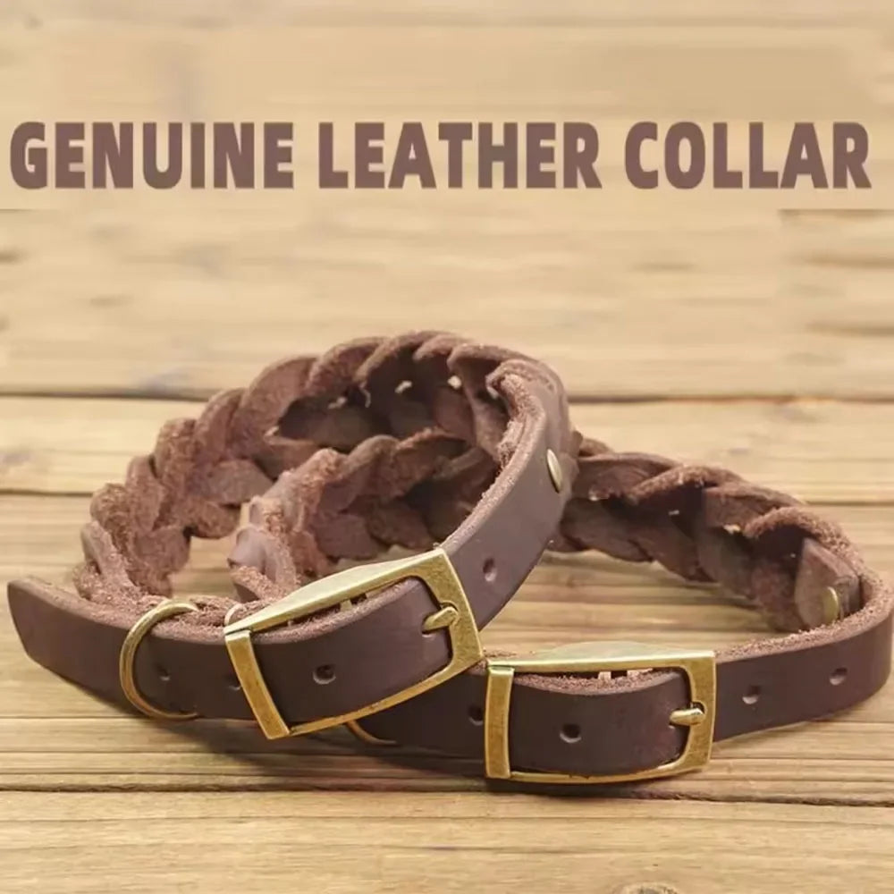 Woven Real Leather Dog Collars Adjustable Puppy Collar Dog Walking Collar Neck Strap with Retro Exquisite Snap Pet Accessories