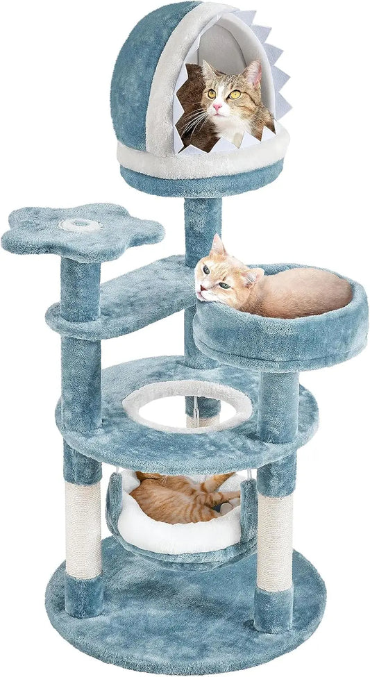 Cute Shark Cat Tree for Kittens, Multi-Level Small Blue Tower | Plush-and-sisal shark condo, hammock, and perches give