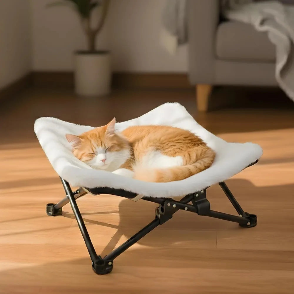 Foldable Cat Hammock Bed, Elevated Fluffy Lounge with Metal Frame, Raised Cat Chair for Indoor Cats