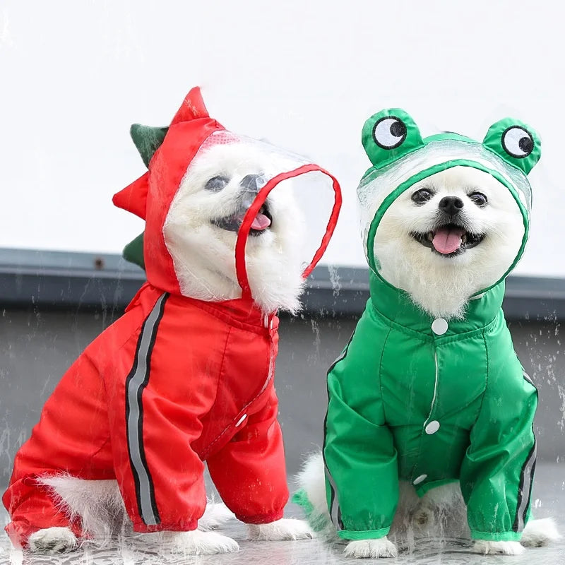 Fun Cartoon Puppy Four-Legged Raincoat Waterproof High Visibility Reflective Hooded Rain Jacket Ventilated Lined Outdoor Rain Suit for Dogs Cats