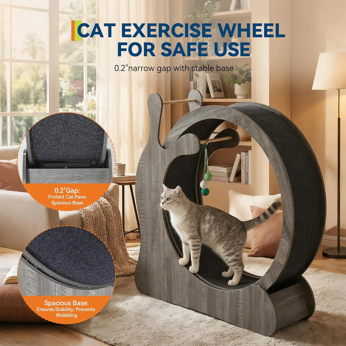 Large Wooden Cat Exercise Wheel for Indoor Cats – Quiet Treadmill, Sisal Scratching Board, Play Balls, Safe Narrow Gap, Anti-Slip, Furniture-Style Fitness