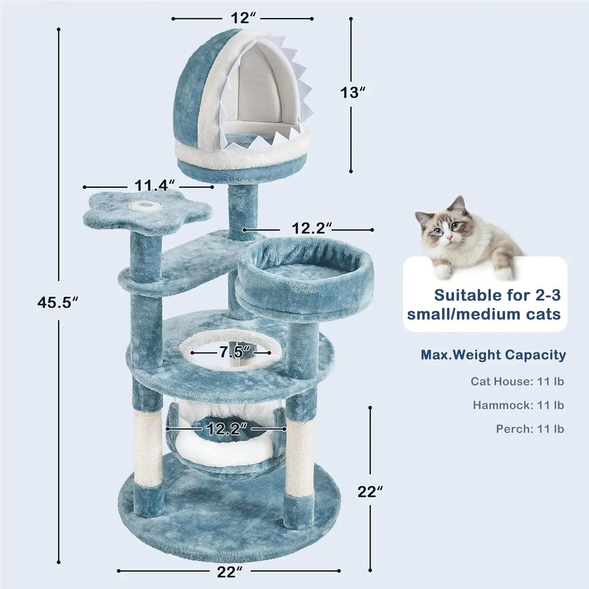 Cute Shark Cat Tree for Kittens, Multi-Level Small Blue Tower | Plush-and-sisal shark condo, hammock, and perches give