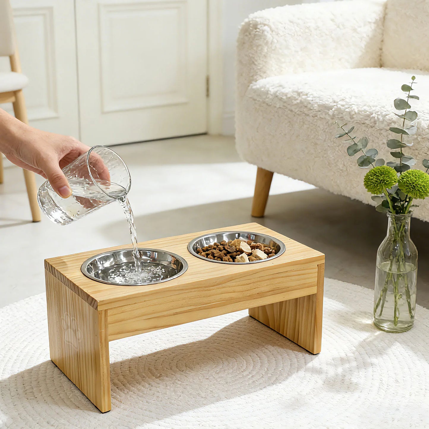 Wooden Elevated Dog Bowls, Raised Pet Feeder with Stainless Steel Double Bowls, Non-Slip Dog Food Water Stand for Medium Large Dogs