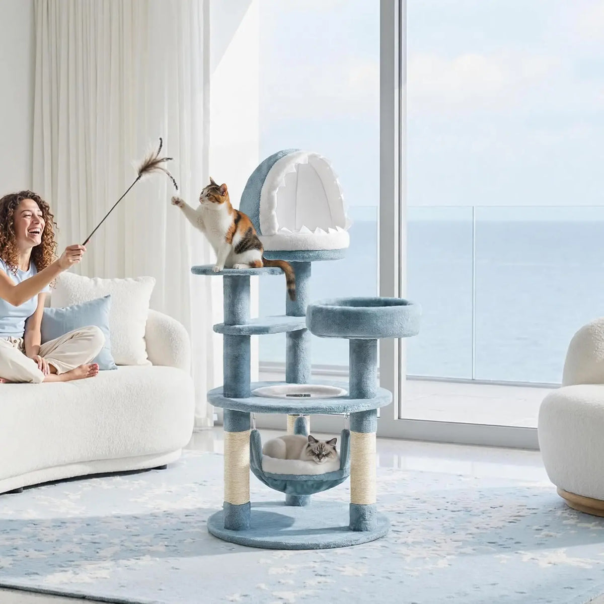 Cute Shark Cat Tree for Kittens, Multi-Level Small Blue Tower | Plush-and-sisal shark condo, hammock, and perches give