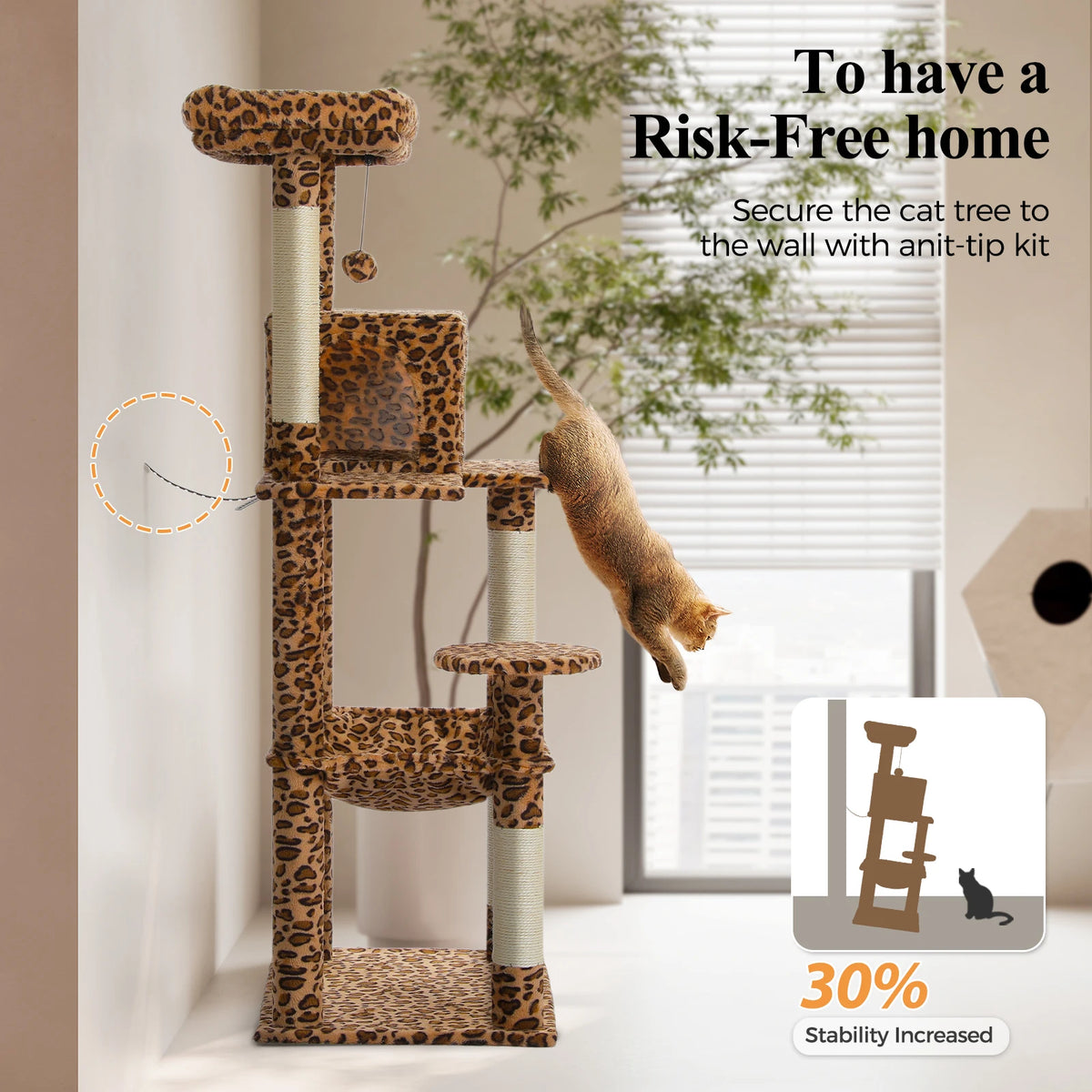 Multi-Level Leopard Cat Tree for Indoor Cats Large Cat Tower with Sisal Scratching Posts Cozy Cat Condo Spacious Hammock Soft Top Perch Cat Toys