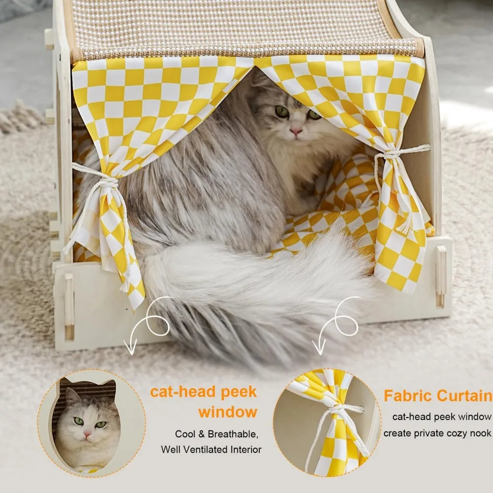 Indoor Cat House with Scratch Pad, Fluffy Ball, Wooden Frame, Cushion and Curtains (M, Double-Layer)