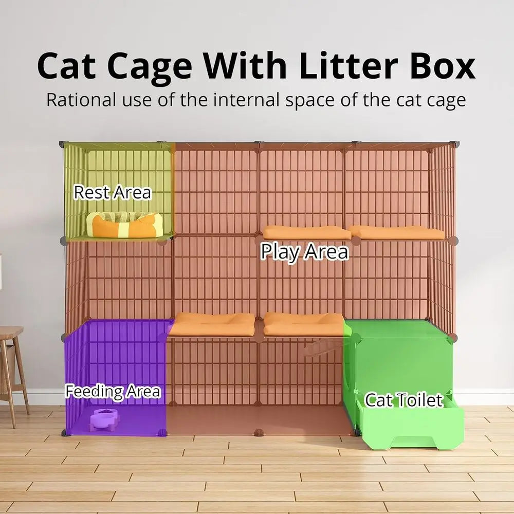 Cat Cage Indoor with Litter Box 2-Tier DIY Cat Playpen Detachable Metal Wire Kennel Crate Large Exercise Place Ideal or 1-2 Kitt
