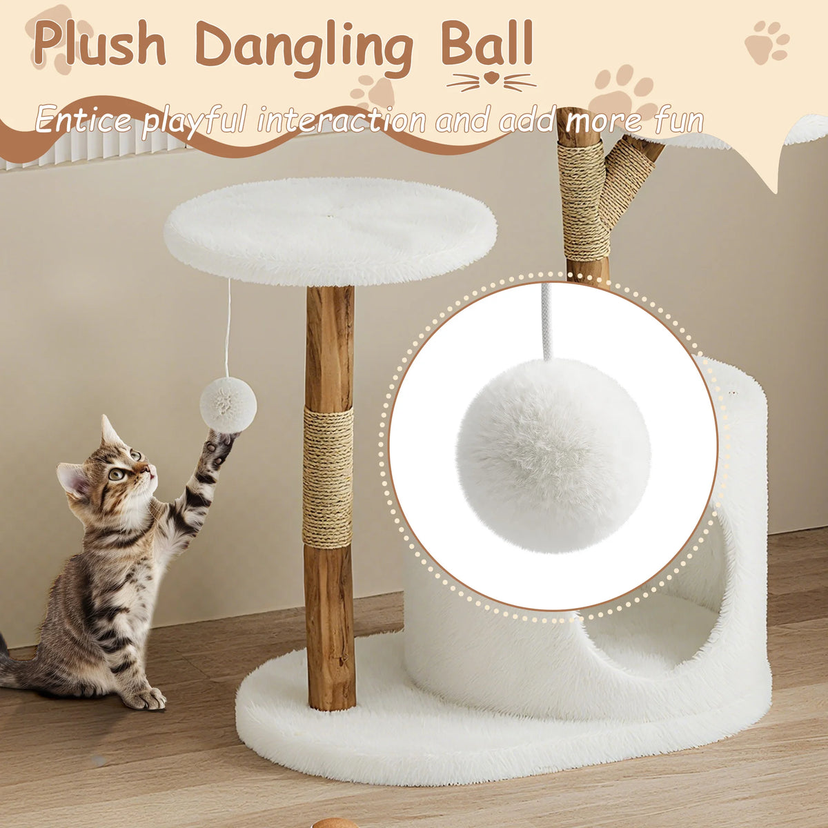 Modern Cat Tree, Multi-Level Cat Tower with Hand-Woven Basket, Plush Cat Condo, Sisal Scratching Posts, Dangling Balls for Indoor Cats