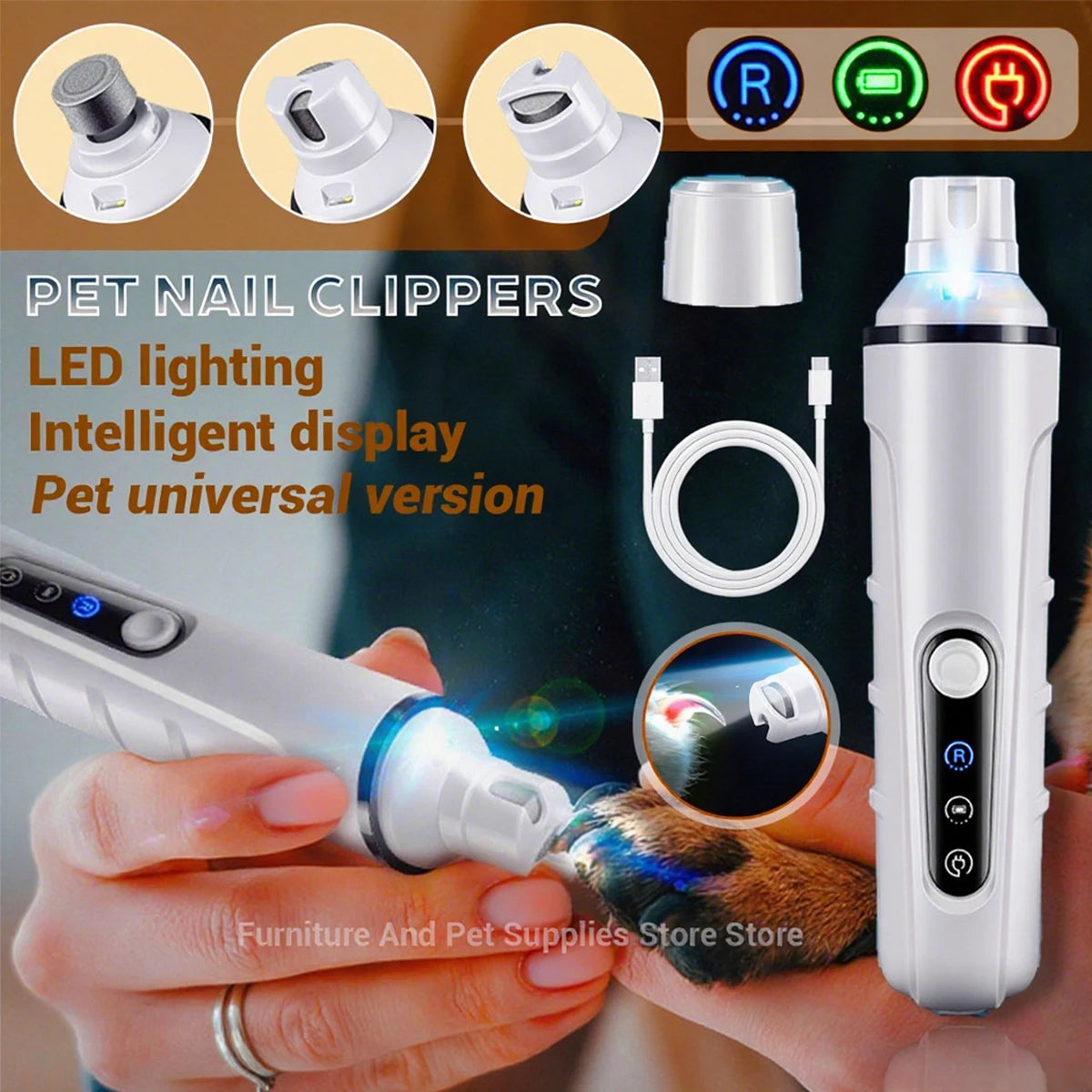 New Electric Dog Nail Clippers Rechargeable USB Charging LED Light Quiet Cat Nail Grinders Pet Paws Nail Grooming Supplies
