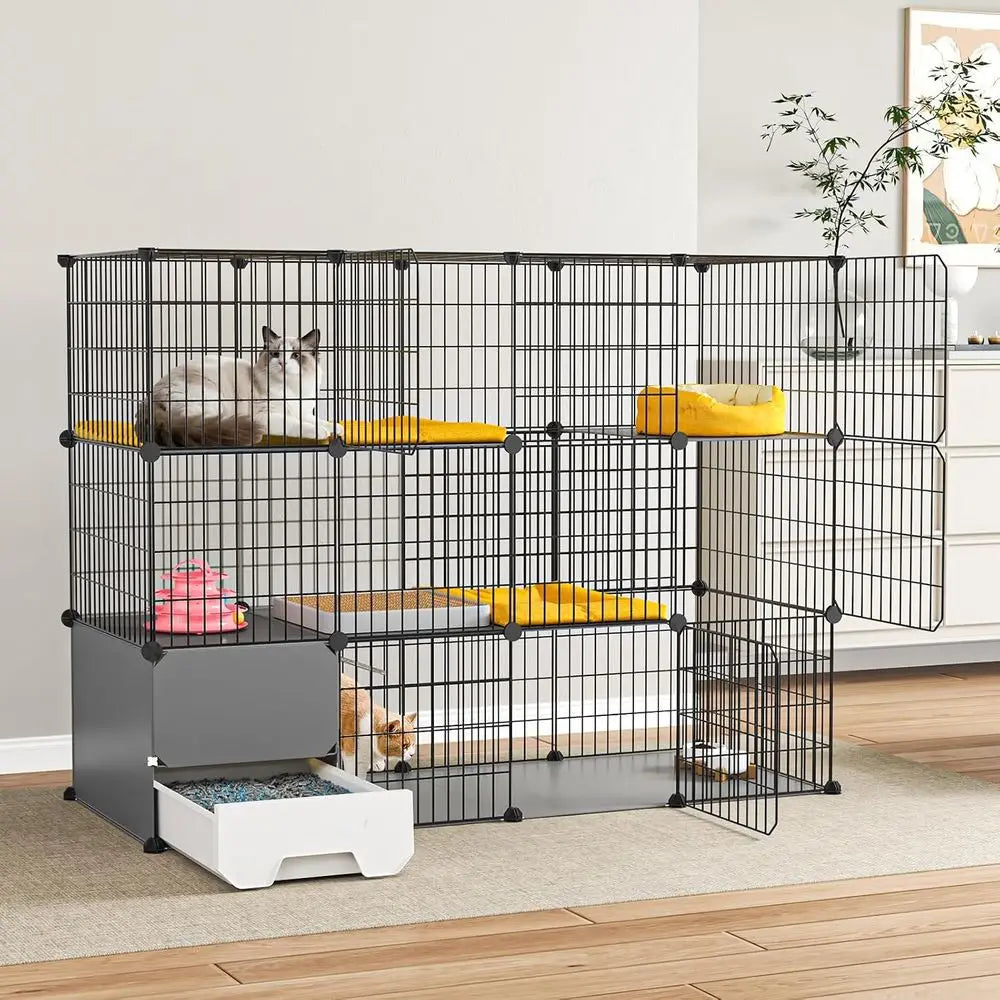 Cat Cage Indoor with Litter Box 2-Tier DIY Cat Playpen Detachable Metal Wire Kennel Crate Large Exercise Place Ideal or 1-2 Kitt