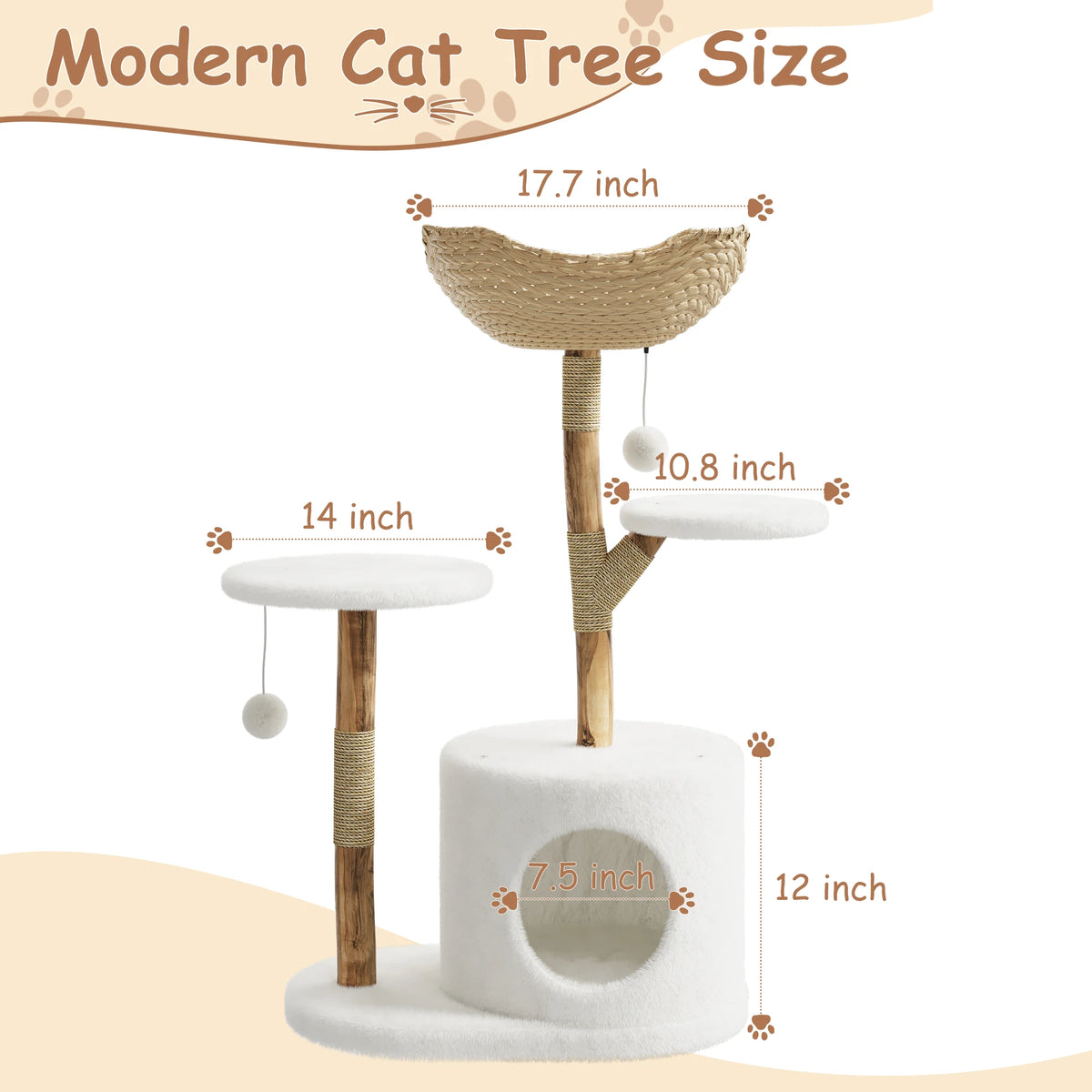 Modern Cat Tree, Multi-Level Cat Tower with Hand-Woven Basket, Plush Cat Condo, Sisal Scratching Posts, Dangling Balls for Indoor Cats