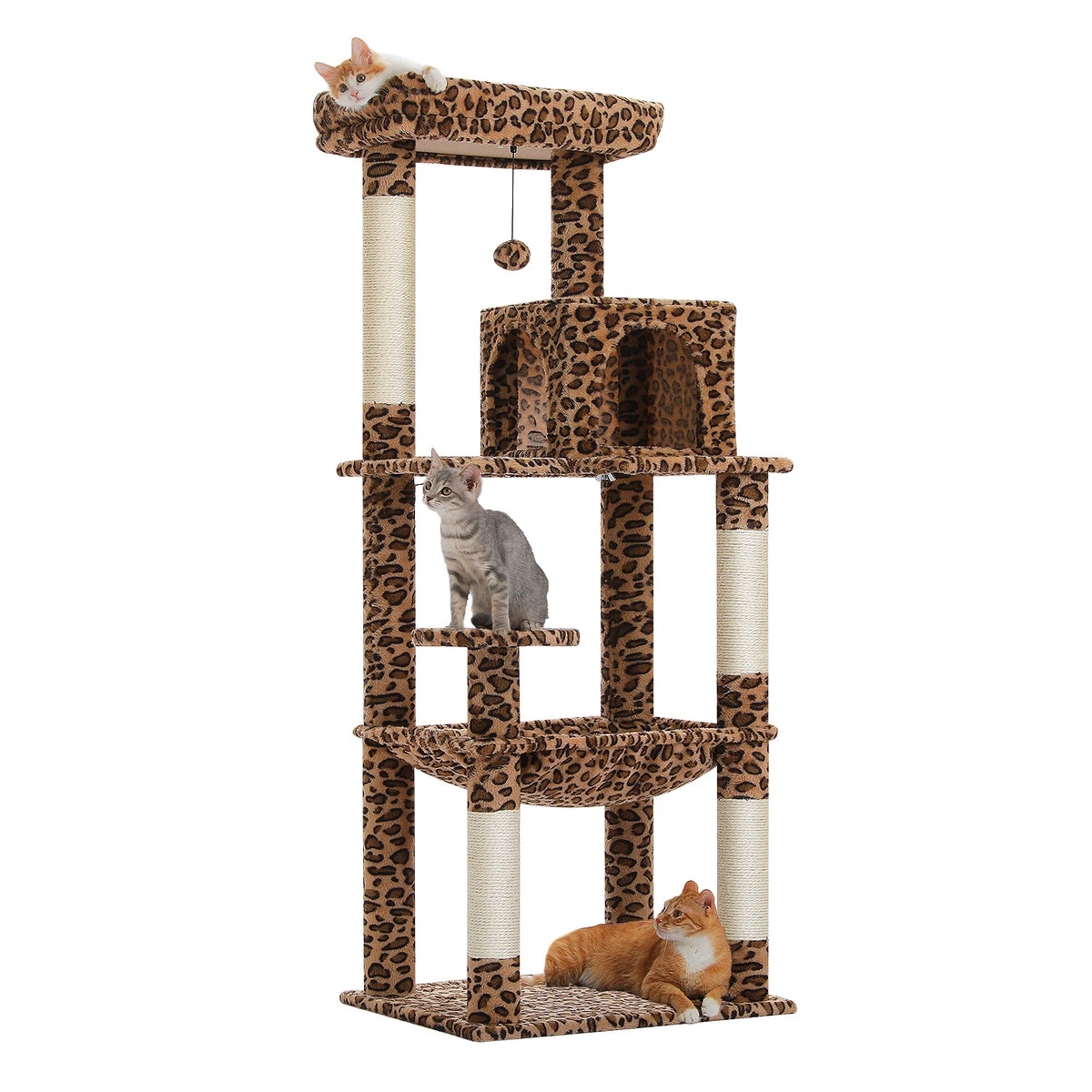 Multi-Level Leopard Cat Tree for Indoor Cats Large Cat Tower with Sisal Scratching Posts Cozy Cat Condo Spacious Hammock Soft Top Perch Cat Toys